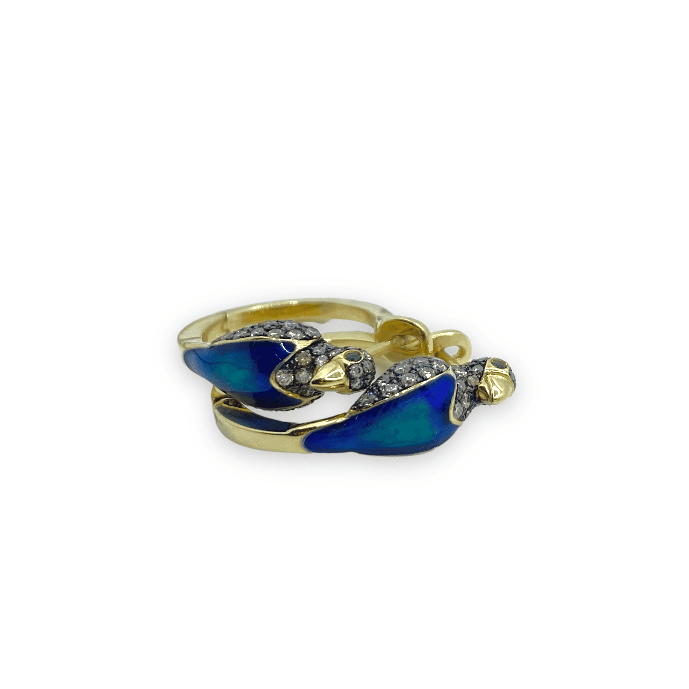 Parrot earrings with brown diamonds, tsavorites, green and blue enamel — Melina Fachidis (3)